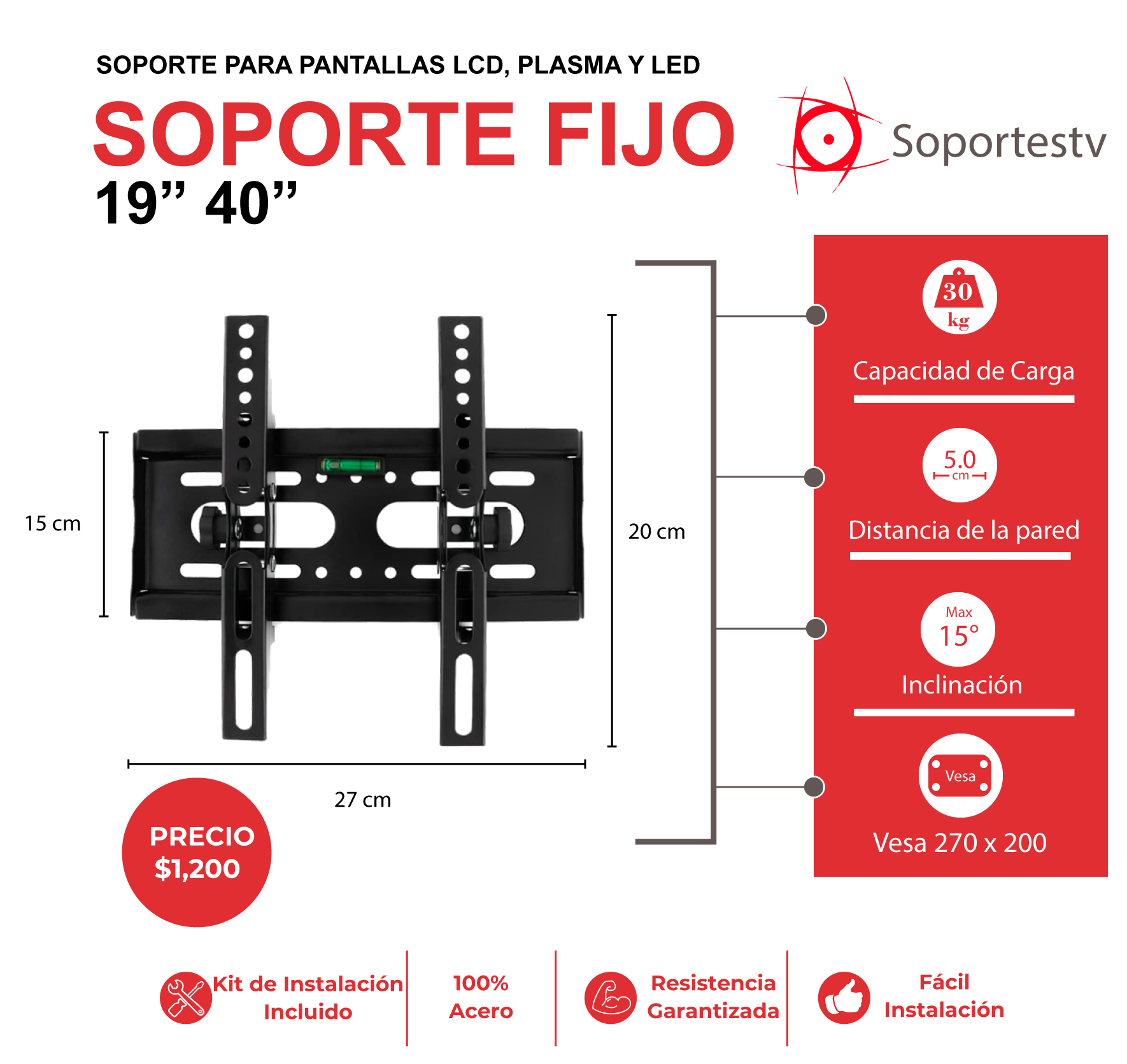 soporte con inclinacion para pantallas de 19 a 40 pulgadas